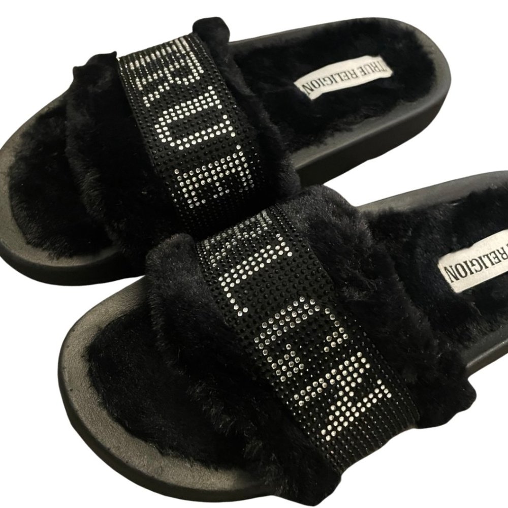 True Religion Black Fuzzy Chunky Bling Rhinestone Women's Slides Sandals Sz 7